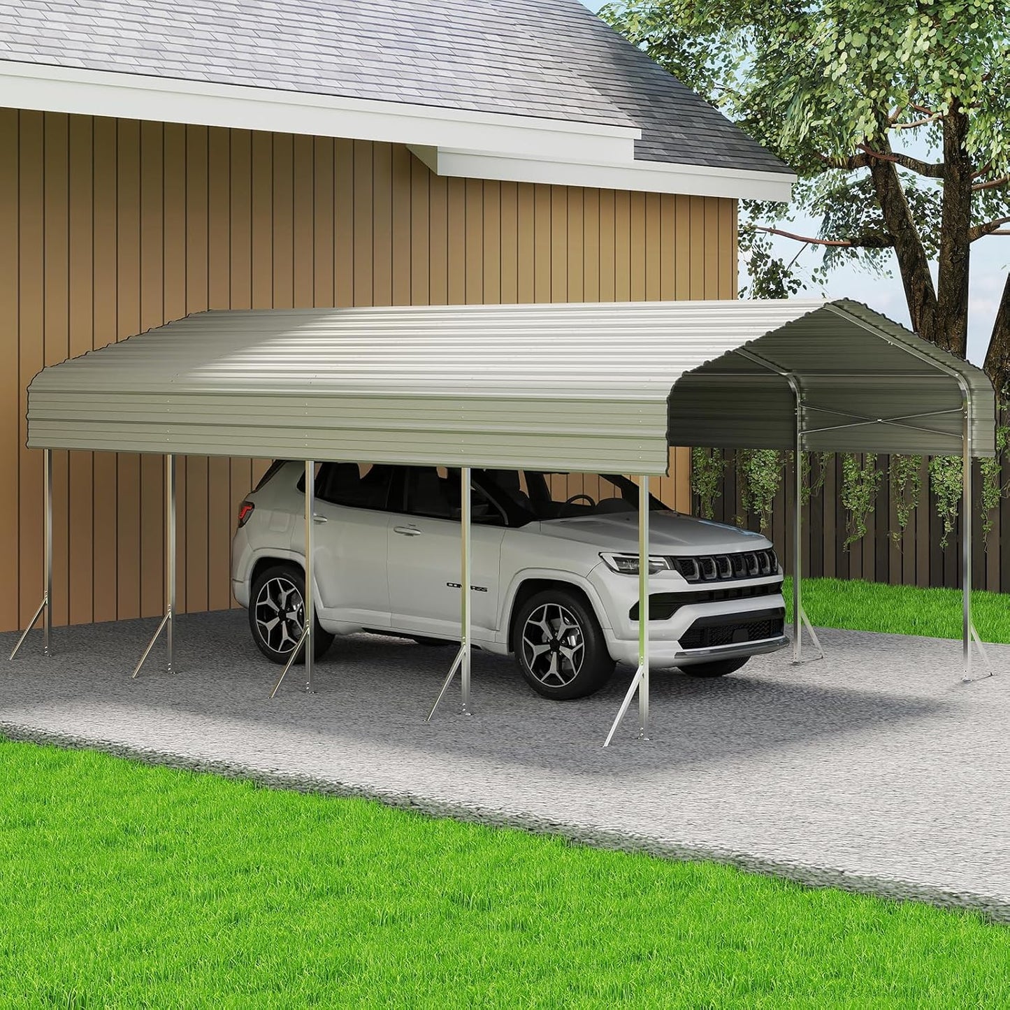 12x20ft Heavy Duty Metal Carport – Outdoor Galvanized Garage, Sturdy Structure, All-Weather Protection, Easy Assembly for Cars, Trucks, Boats, Tractors, and Outdoor Storage (White, 12x20FT)