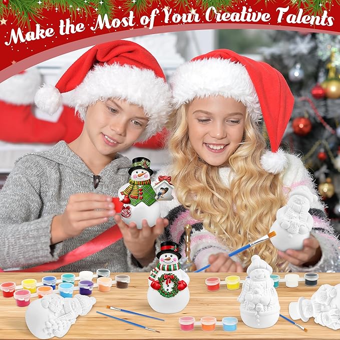GuiZha 6 Sets Winter Christmas Ceramic to Paint DIY Snowman Plaster Paint Kit Unpainted Snowman Figurines Ready to Paint Ceramic Ornaments Christmas Crafts for Adults