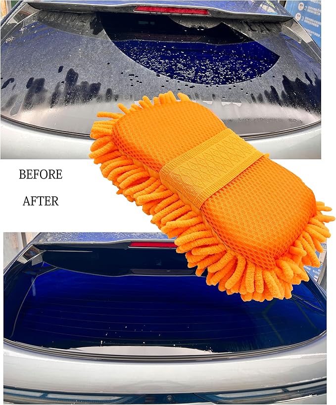 Microfiber Car Wash Sponge-Non-Scratch Wash Mitt-Two Sided Chenille Microfiber Washing Sponge-Mitt for Cars, Trucks, SUVs, Boats (2 Pack Orange)