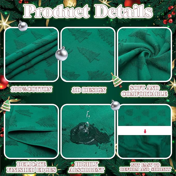 4 Pack Christmas Tree Hand Towels 14" x 30" 3D Jacquard Christmas Bathroom Towels Absorbent 100% Cotton White Green for Drying Cleaning Xmas Holiday Decorative Gift