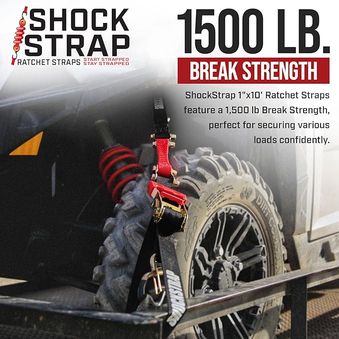 Ratchet Strap, 10' x 1" Shock Absorbing Heavy Duty Tie Downs for Cargo, 500 LB WLL / 1,500 LB Break Strength, 4-Pack
