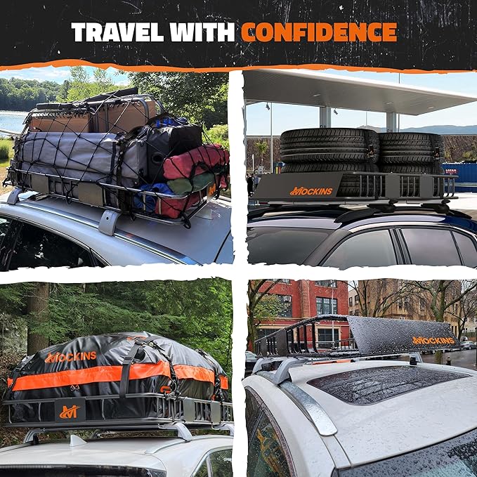 Mockins 64"x39"x6" Extendable Roof Rack Cargo Carrier for Top of Vehicle | 250lbs. Cap Car Top Carrier | Rooftop Cargo Basket for SUV, Car, Van & More | Roof Basket Set w/Ratchet Straps & Bungee Net
