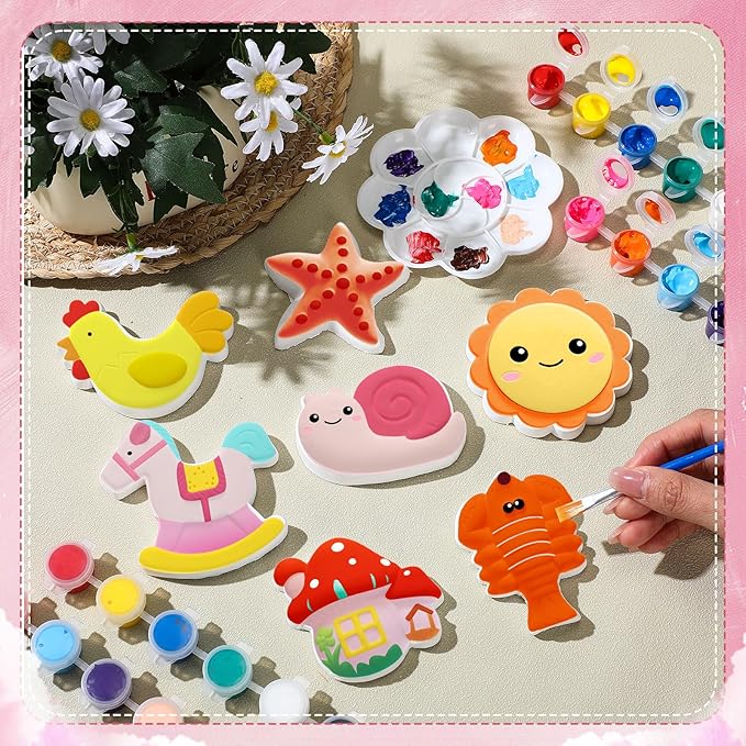 HyDren 81 Pcs Spring Summer Ceramic Painting Kit for Kids Paint Your Own Ceramic Figurines Arts and Crafts DIY Farm Animals Ocean Paintable Figurine Plaster Drawing Kit for Girls Boys Toddler Activity
