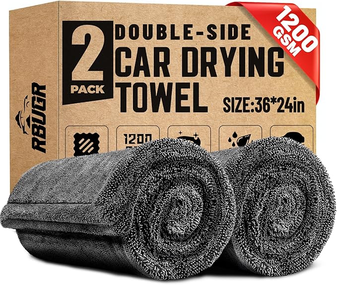Microfiber Towels for Cars, 2 Pack 1200GSM Car Drying Towel(24″x 36″), Dual Sided Drying Towels Car Detailing, Ultra Absorbent Car Cleaning Towel, No Streak, No Scratch, No Water Spots