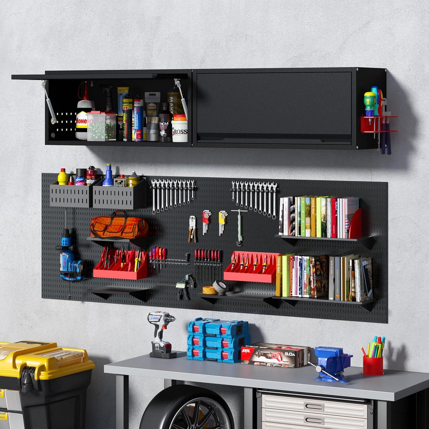 Metal Garage Wall Cabinet with Doors Side with Holes,Wall Mounted Metal Storage Cabinet with Up-Flip Door,Garage Storage Cabinet for Garage, Basement, Kitchen, Warehouse,Office, Bathroom-Black