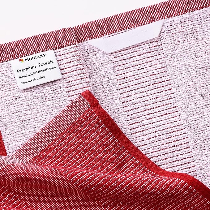 Homaxy Premium Kitchen Towels(18”x 28”, 6 Pack), Large Cotton Kitchen Hand Towels, Flat and Terry Dish Towels, 380 GSM Highly Absorbent Tea Towel Set with Hanging Loop, Red