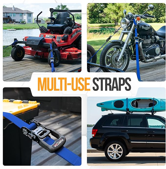 FORTEM Ratchet Tie Down Straps, 5208lb Break Strength, 4 Pack 10ft x 1.5in Heavy Duty Straps, 4 Soft Loops, Cam Buckles for Motorcycles, Safety Lock S Hooks, Carry Bag