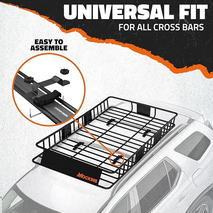 Mockins 64"x39"x6" Extendable Roof Rack Cargo Carrier for Top of Vehicle | 250lbs. Cap Car Top Carrier | Rooftop Cargo Basket for SUV, Car, Van & More | Roof Basket Set w/Ratchet Straps & Bungee Net