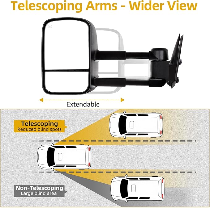 DWVO Power Heated Telescoping Towing Mirrors for 1999–2002 Chevy Silverado, GMC Sierra 1500/2500/3500, Suburban, and Yukon XL, Dual Glass, Extendable, Folding Mirror Pair Set, Black