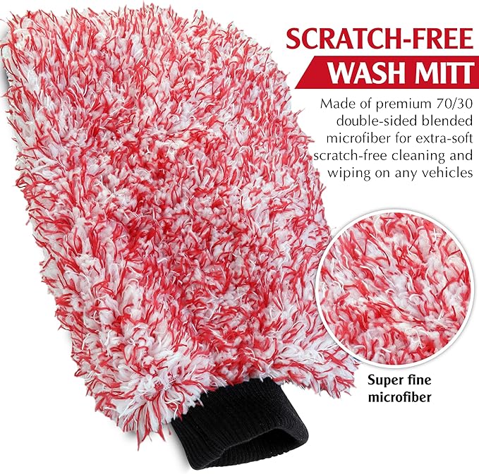 TAKAVU Microfiber Cleaning Mitt, 2 Pack Premium Cyclone Car Washing Gloves, Scratch-Free Lint-Free Wash Mitts, Holds Tons of Sudsy Water for Effective Washing, Machine Washable (Red & White)
