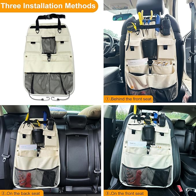 Car Seat Back Organizer with Multiple Storage Pockets, Black Mesh and Fabric, Universal Fit (beige)