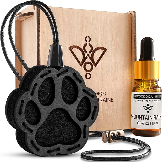 Wood Car Air Freshener — Handmade Car Air Freshener — Paw Designed Fragrance Oil Diffuser in Wooden Gift Box — Aromatherapy Gift Set with Mountain Rain Fragrance Oil - 10 ml