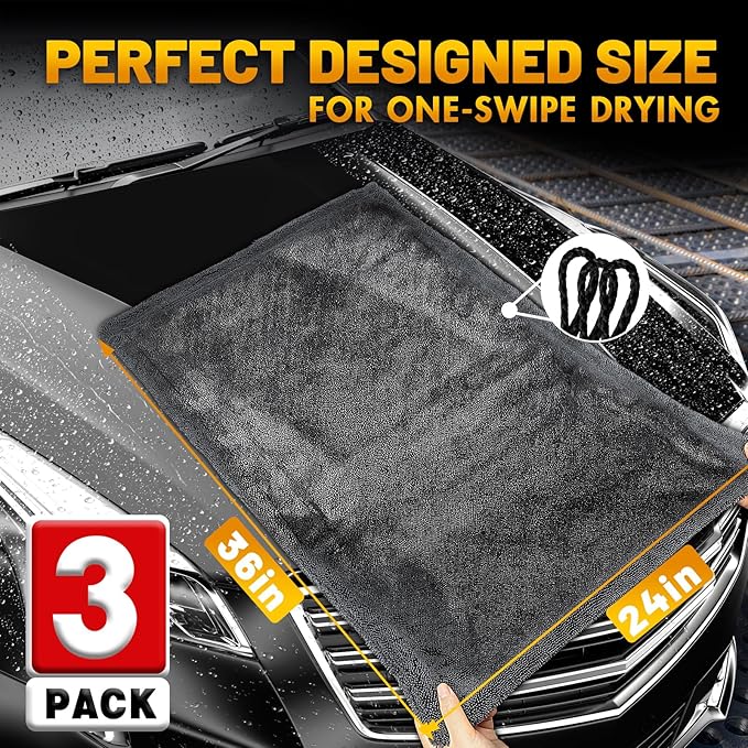 Microfiber Towels for Cars, 3 Pack Dual Sided Drying Towels Car Detailing， 1200GSM Car Drying Towel(24″x 36″), Ultra Absorbent Car Cleaning Towel, No Streak or Scratch, Machine Washable