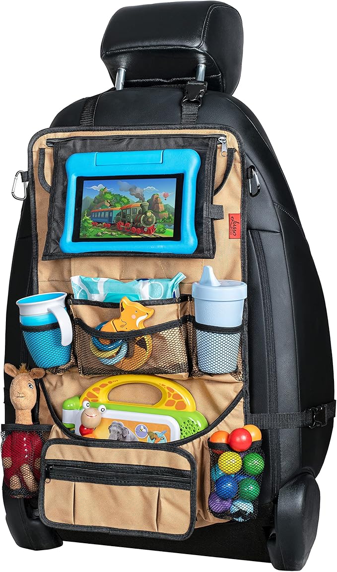 Lusso Gear Heavy Duty Back Seat Car Organizer Extra Large for Powerful Protection, Sag Proof & Reinforced Corners, Protects iPad & Backseat, 12 Versatile Car Seat Organizer Storage Compartments, (Tan)