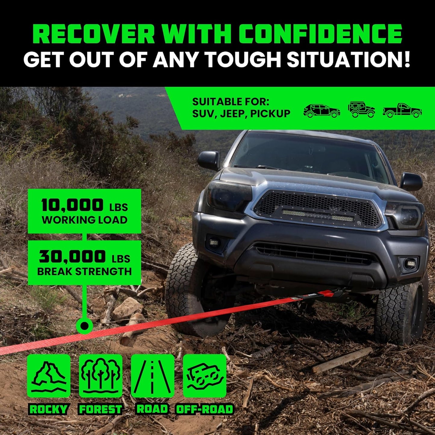 Rhino USA Recovery Tow Strap (3"x30') - 31,518lb Break Strength - Emergency Recovery Strap Tow Rope for Truck, UTV, ATV & More - Heavy Duty Towing Strap for Offroad 4x4 Use- Compatible with Jeep (Red)