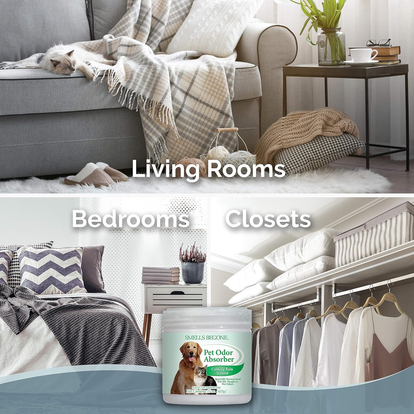 SMELLS BEGONE Air Freshener Odor Absorber Gel - 15 oz, Pack of 2 - Absorbs and Eliminates Odor in Pet Areas, Bathrooms, Cars, & Boats - Made with Essential Oils - Calming Rain Scent