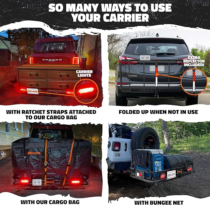 Mockins 60"x20"x6" Folding Trailer Hitch Cargo Carrier w/License Plate Holder, Rear Lights & More | 500Lbs. Cap Cargo Carrier Hitch Mount Basket | Weatherproof Luggage Rack for SUV, Car, Truck & RV