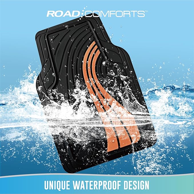 Road Comforts Car Floor Mats Full Set – Front & Rear Car Floor Mats with Aluminum Design, Anti-Slip Backing, All-Weather Protection, Trim-to-Fit Car Mats for Most Sedans, SUVs & Vans - Orange