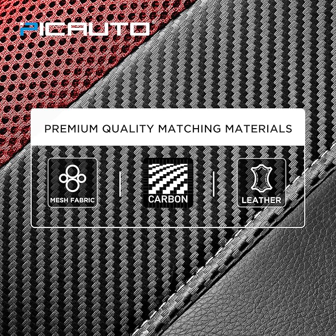 PIC AUTO Leather Car Seat Covers, Sports Carbon Fiber & Mesh Design, High-Back Two Front Set, Waterproof Automotive Seat Covers, Airbag Compatible, Universal Fit for Most Cars (Black & Red)