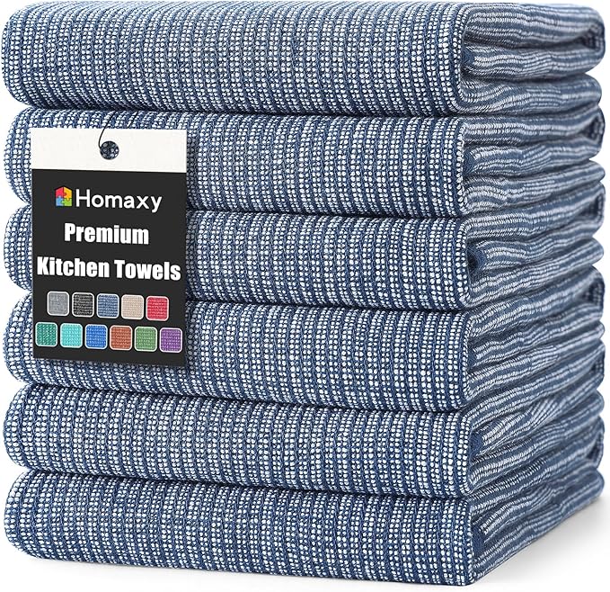 Homaxy Premium Kitchen Towels(18”x 28”, 6 Pack), Large Cotton Kitchen Hand Towels, Flat and Terry Dish Towels, 380 GSM Highly Absorbent Tea Towel Set with Hanging Loop, Navy Blue