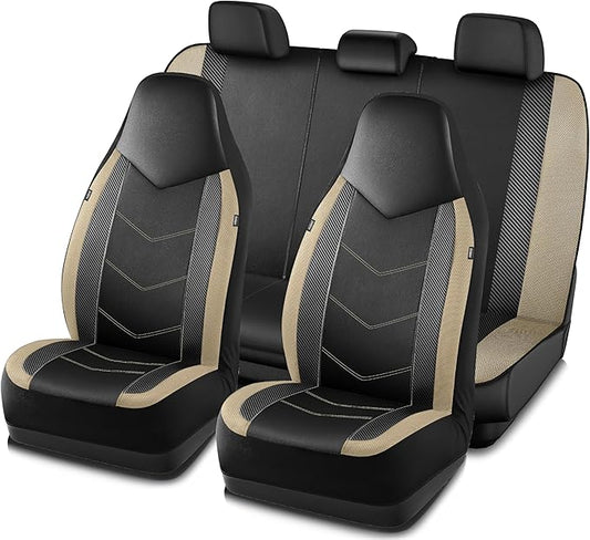 PIC AUTO Leather Car Seat Covers, Sports Carbon Fiber & Mesh Design, High-Back Full Set, Waterproof Automotive Seat Covers, Airbag Compatible, Universal Fit for Cars, SUVs, Trucks (Black & Beige)