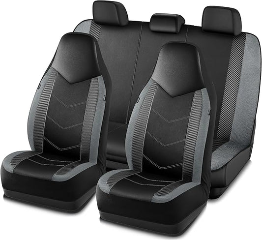 PIC AUTO Leather Car Seat Covers, Sports Carbon Fiber & Mesh Design, High-Back Full Set, Waterproof Automotive Seat Covers, Airbag Compatible, Universal Fit for Cars, SUVs, Trucks (Black & Gray)