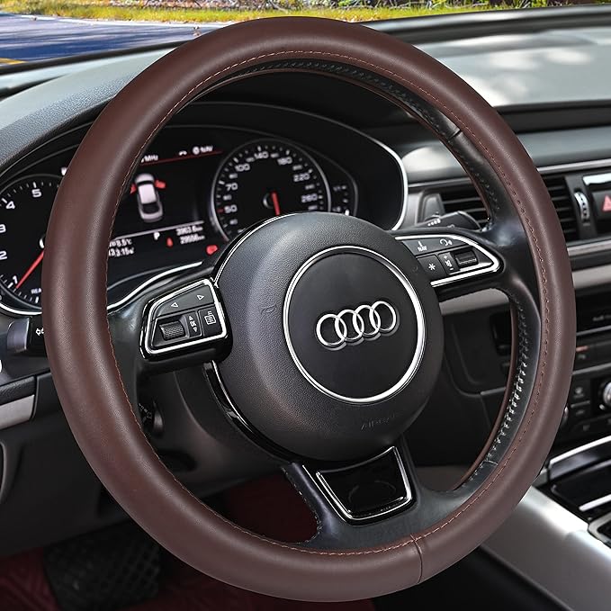 Haokay Heavy Duty Pure Cowhide Steering Wheel Cover, Genuine Leather Steering Cover Brown Leather Steering Wheel Cover with 15 Inches Universal Fit (Brown-1)