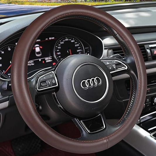 Haokay Heavy Duty Pure Cowhide Steering Wheel Cover, Genuine Leather Steering Cover Brown Leather Steering Wheel Cover with 15 Inches Universal Fit (Brown-1)