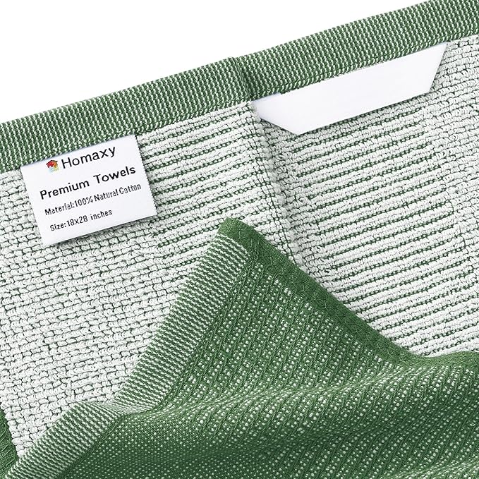 Homaxy Premium Kitchen Towels(18”x 28”, 6 Pack), Large Cotton Kitchen Hand Towels, Flat and Terry Dish Towels, 380 GSM Highly Absorbent Tea Towel Set with Hanging Loop, Grass Green
