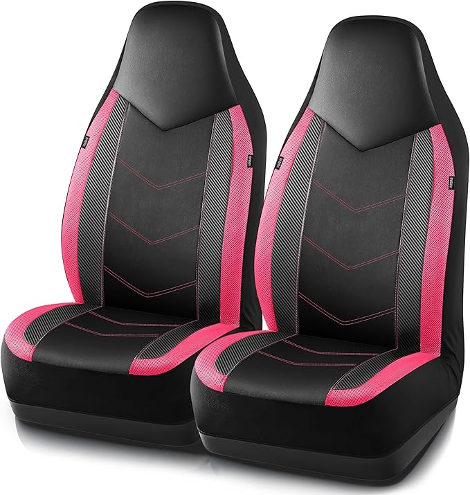 PIC AUTO Leather Car Seat Covers, Sports Carbon Fiber & Mesh Design, High-Back Two Front Set, Waterproof Automotive Seat Covers, Airbag Compatible, Universal Fit for Most Cars (Black & HotPink)