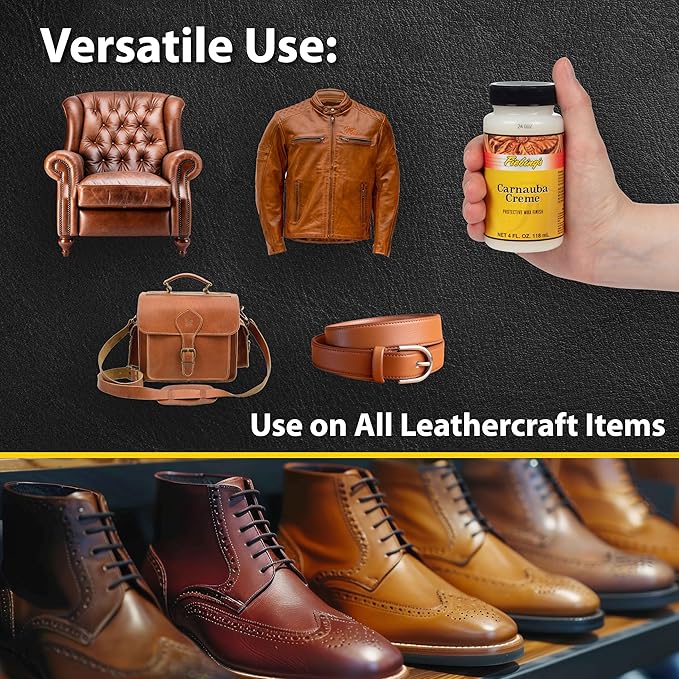 Fiebing's Carnauba Wax (4 oz) - Protective Leather Wax Creme Resists Fingerprints & Scuff Marks - Flexible, High Gloss Top Coat Finish to Restore Smooth Leathercraft, Car Seat, Boot, Shoe, Purse