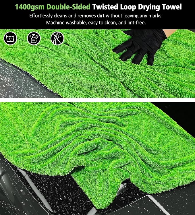 YeewayVeh 28" x 36" Car Drying Towel Extra Large, 1400 GSM Double Sided High Absorbent Car Wash Drying Towels, No Scratches or Streaks, Quick Dry Microfiber Towels for Cars Truck SUV, Green