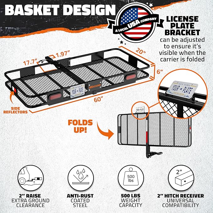 Mockins 60"x20"x6" Folding Trailer Hitch Cargo Carrier w/License Plate Holder, Rear Lights & More | 500Lbs. Cap Cargo Carrier Hitch Mount Basket | Weatherproof Luggage Rack for SUV, Car, Truck & RV