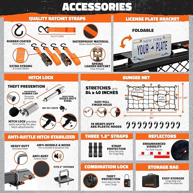 Mockins 60"x24"x6" Trailer Hitch Cargo Carrier & 25 CuFt Waterproof Cargo Bag | 500 Lbs. Capacity Folding Luggage Rack for SUV Car & Truck w/Built-in License Plate Bracket & Hitch Rack Accessories