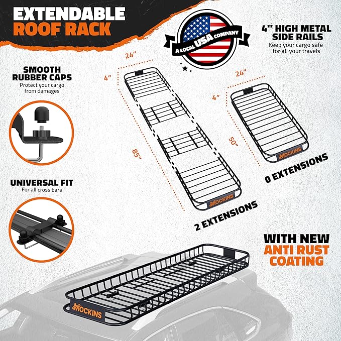 Mockins 85"x24"x4" Extendable Skinny Roof Basket Cargo Carrier w/ 20 CuFt Soft Roof Rack Bag | 250 Lbs. Capacity Rooftop Cargo Carrier for Top of Vehicle | Car Topper Luggage Carrier Waterproof Set