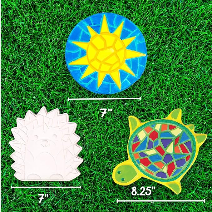 Creative Roots Mosaic Turtle, Hedgehog, & Sun - 3-Pack 7-Inch Ceramic Stepping Stones & 6 Vibrant Paints, Paint Your Own DIY Stepping Stones for Kids Ages 8+
