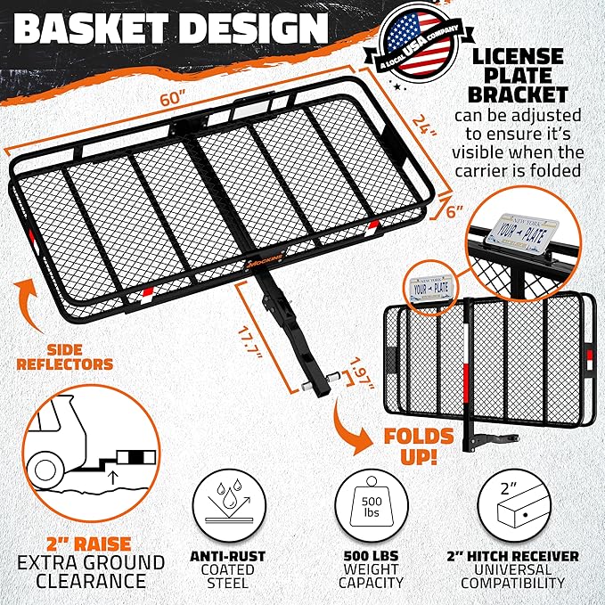 Mockins 60"x24"x6" Trailer Hitch Cargo Carrier & 25 CuFt Waterproof Cargo Bag | 500 Lbs. Capacity Folding Luggage Rack for SUV Car & Truck w/Built-in License Plate Bracket & Hitch Rack Accessories