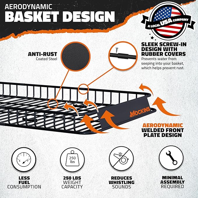 Mockins 90"x50"x6" XXL Heavy Duty Roof Rack Cargo Carrier for Top of Vehicle Storage | 250 Lbs. Cap Steel Car Roof Basket w/Straps | Weatherproof Rooftop Cargo Basket for SUV, RV, & Large Vehicles