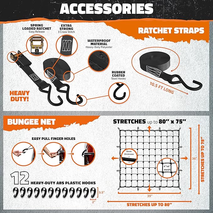 Mockins 64"x39"x6" Extendable Roof Rack Cargo Carrier for Top of Vehicle | 250lbs. Cap Car Top Carrier | Rooftop Cargo Basket for SUV, Car, Van & More | Roof Basket Set w/Ratchet Straps & Bungee Net