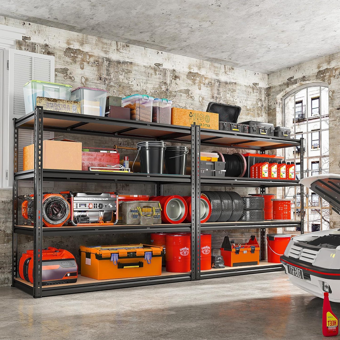 REIBII 48" W Garage Shelving Heavy Duty 2550 LBS Storage Shelves 4 Tier Heavy Duty Shelving, Adjustable Metal Shelves, Industrial Shelf for Garage, Warehouse, Pantry, 48" W x 60" H x 24" D