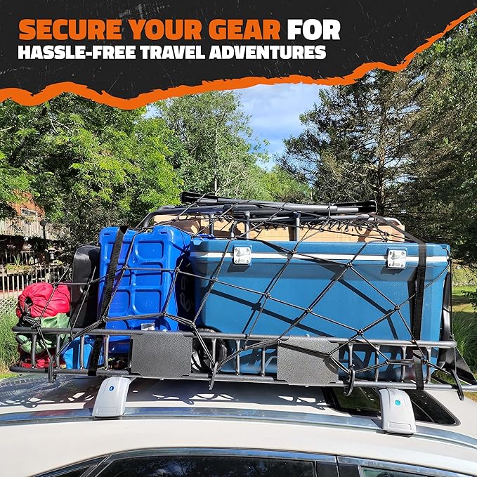 Mockins 64"x39"x6" Extendable Roof Rack Cargo Carrier for Top of Vehicle | 250lbs. Cap Car Top Carrier | Rooftop Cargo Basket for SUV, Car, Van & More | Roof Basket Set w/Ratchet Straps & Bungee Net