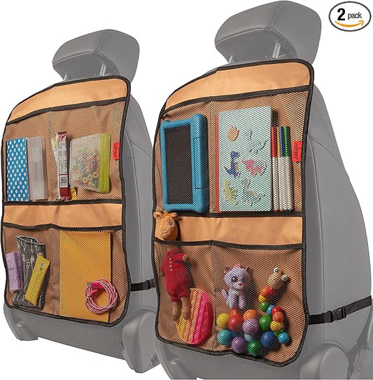 Lusso Gear Kick Mats (2 Pack) - Car Seat Back Protectors, Premium Waterproof Fabric, Reinforced Corners to Prevent Sag, and 4 Mesh Pockets for Large Storage (Tan)