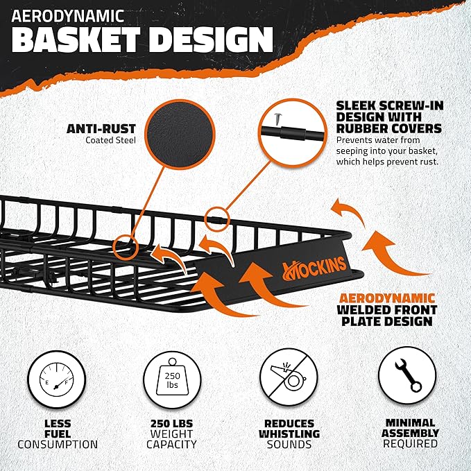 Mockins 50"x36"x4.5" Extendable Roof Rack Cargo Carrier for Top of Vehicle | 250 Lbs. Cap Weatherproof Steel Car Rooftop Cargo Carrier Basket | Heavy Duty Roof Rack Basket Set w/Straps & Bungee Net