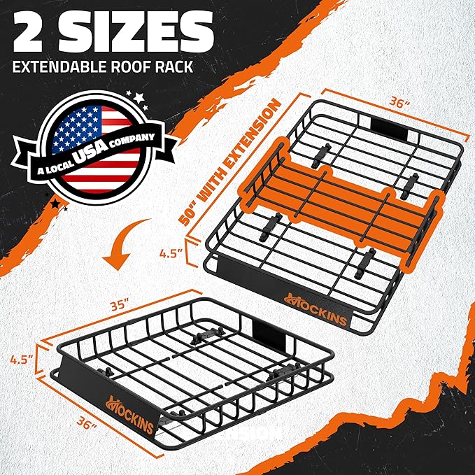 Mockins 50"x36"x4.5" Extendable Roof Rack Cargo Carrier for Top of Vehicle | 250 Lbs. Cap Weatherproof Steel Car Rooftop Cargo Carrier Basket | Heavy Duty Roof Rack Basket Set w/Straps & Bungee Net