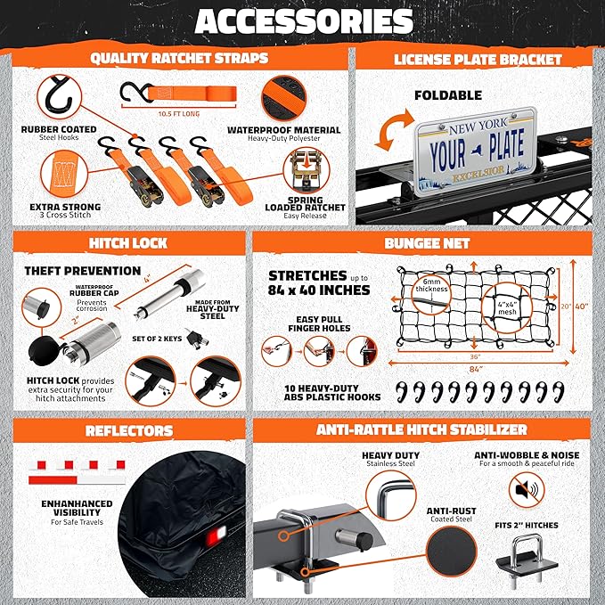 Mockins 60"x24"x6" XL Heavy Duty Trailer Hitch Cargo Carrier | 500 Lbs. Cap Luggage Rack for SUV Car Truck | Steel Hitch Rack Cargo Carrier Set w/License Plate Bracket, Straps, Stabilizer, Lock & Net