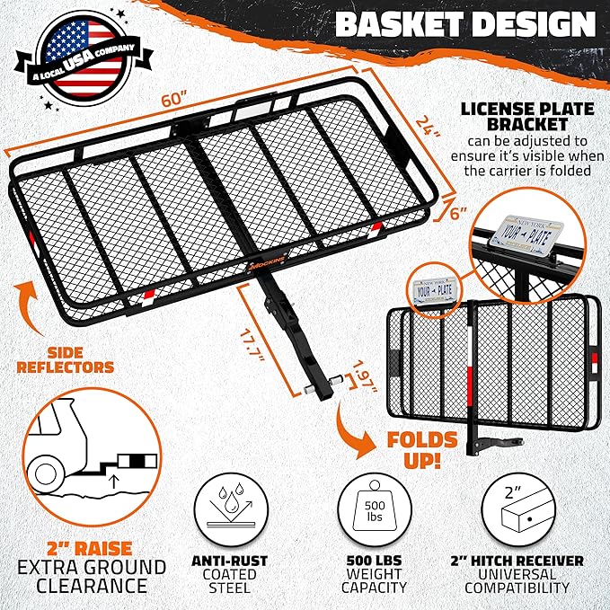 Mockins 60"x24"x6" XL Heavy Duty Trailer Hitch Cargo Carrier | 500 Lbs. Cap Luggage Rack for SUV Car Truck | Steel Hitch Rack Cargo Carrier Set w/License Plate Bracket, Straps, Stabilizer, Lock & Net