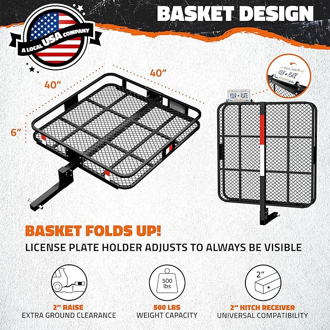 Mockins 40"x40"x6" Extra Deep Square Trailer Hitch Cargo Carrier w/Plate Bracket | 500 Lbs Cap Heavy Duty Cargo Hitch Carrier Rack for Furniture, Appliances & More | Car Trailer Basket w/Accessories