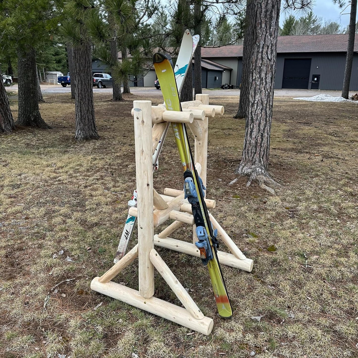 8-Place Freestanding Log Ski Rack Holder, Indoor & Outdoor Snowboard Racks, Standing Storage, Garage Racks for Snow Skis, Durable Snowboard Rack Garage Storage Organizer-Canyon Brown + 15" Anchor Kit