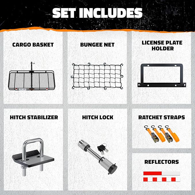 Mockins 60"x24"x6" XL Heavy Duty Trailer Hitch Cargo Carrier | 500 Lbs. Cap Luggage Rack for SUV Car Truck | Steel Hitch Rack Cargo Carrier Set w/License Plate Bracket, Straps, Stabilizer, Lock & Net